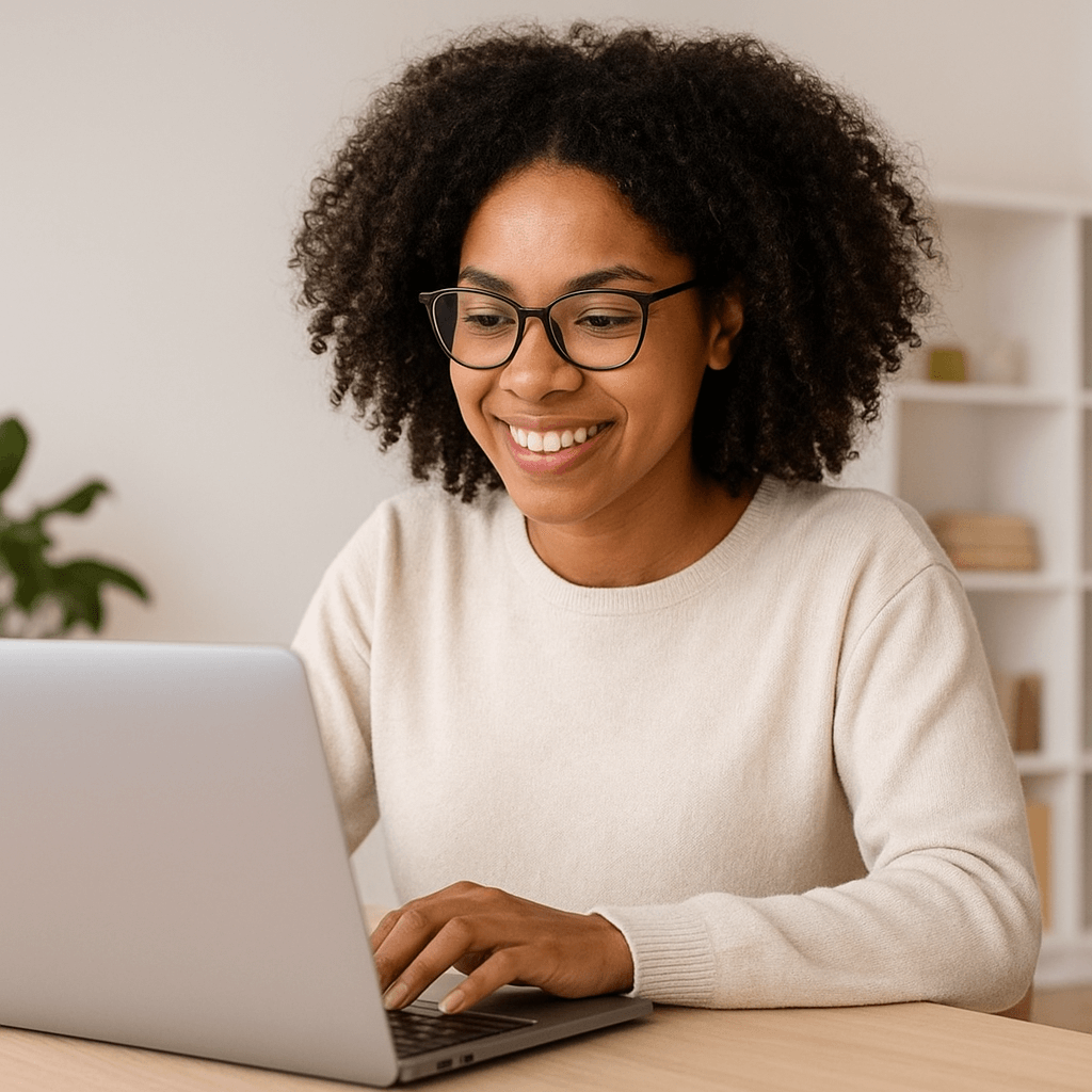woman sitting at laptop smiling